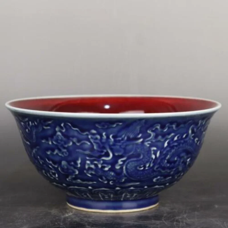 

China Ming Yongle Blue Glaze Porcelain Carving Dragon Design Bowl 8.50 Inches