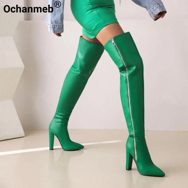 

Ochanmeb Punk Side Zipper Women Over-the-knee Boots Chunky High-heels Pointed Toe Goth Thigh Boot Golden Olive Green Shoes 46 47