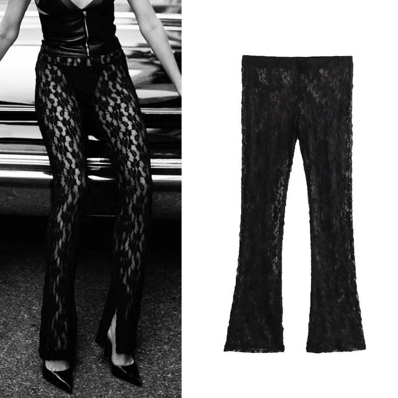 

Женские кружевные леггинсы с разрезом на подоле, с завышенной талией