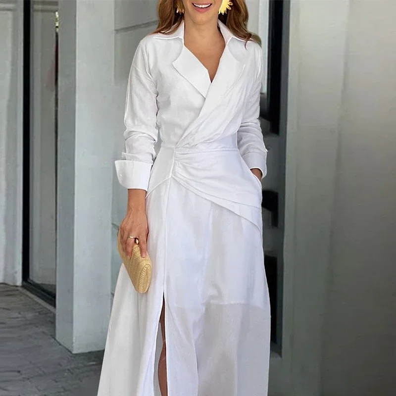 Женские платья с длинным рукавом и отложным воротником однотонное асимметричное