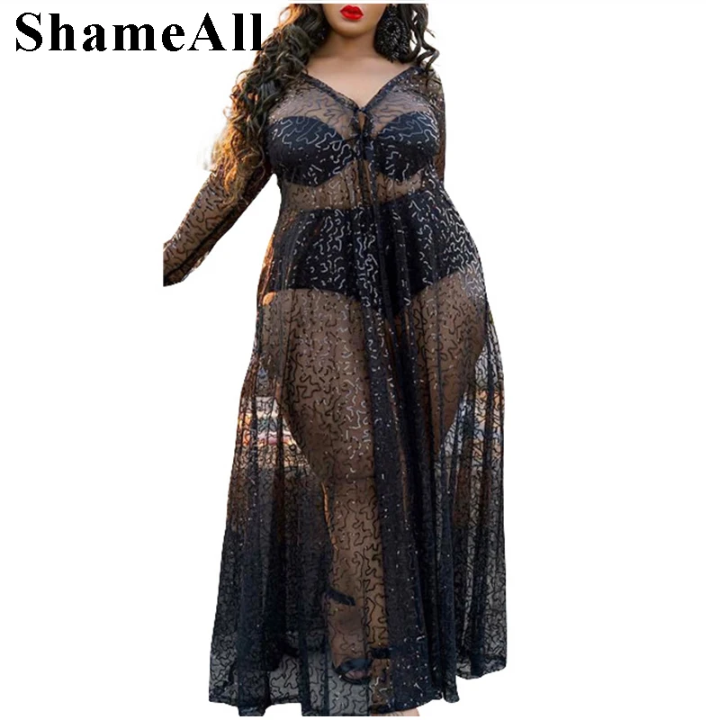 Plus Size Sequined Long Maxi Dres 4XL Summer See Through Red Sexy V Neck Transparent Floor Length Dress Club Party Robe Vestidos