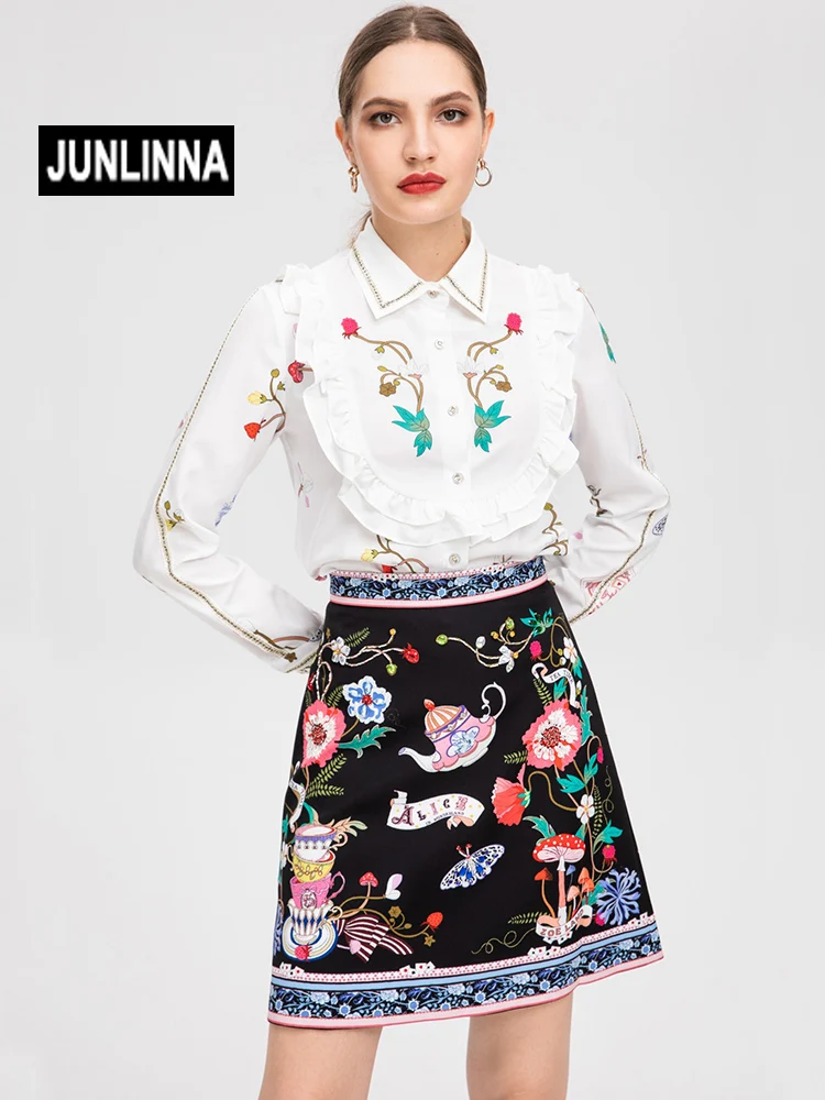 

Женский костюм с юбкой JUNLINNA, элегантная рубашка с бисером и оборками и принтом и платье-полуплатье, комплект из двух предметов, весна-осень