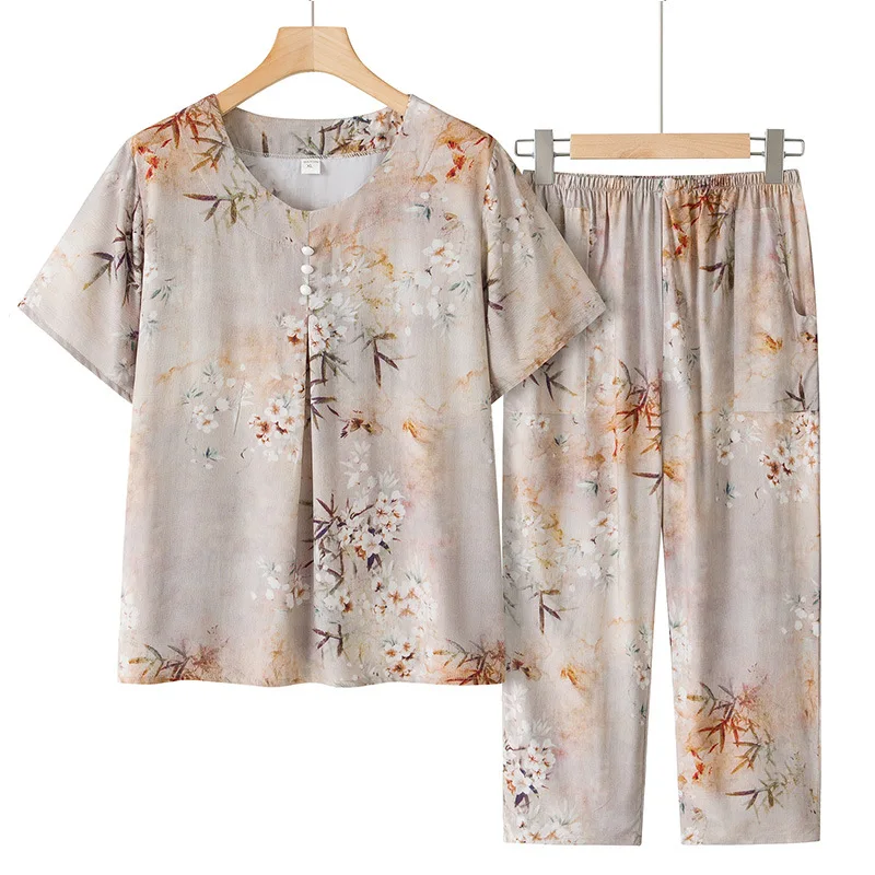 Фото XL-5XL ансамбль Femmes элегантный женский пижамный комплект с принтом, капри с короткими рукавами, брюки, костюм для мамы среднего возраста, домашняя одежда для сна №2