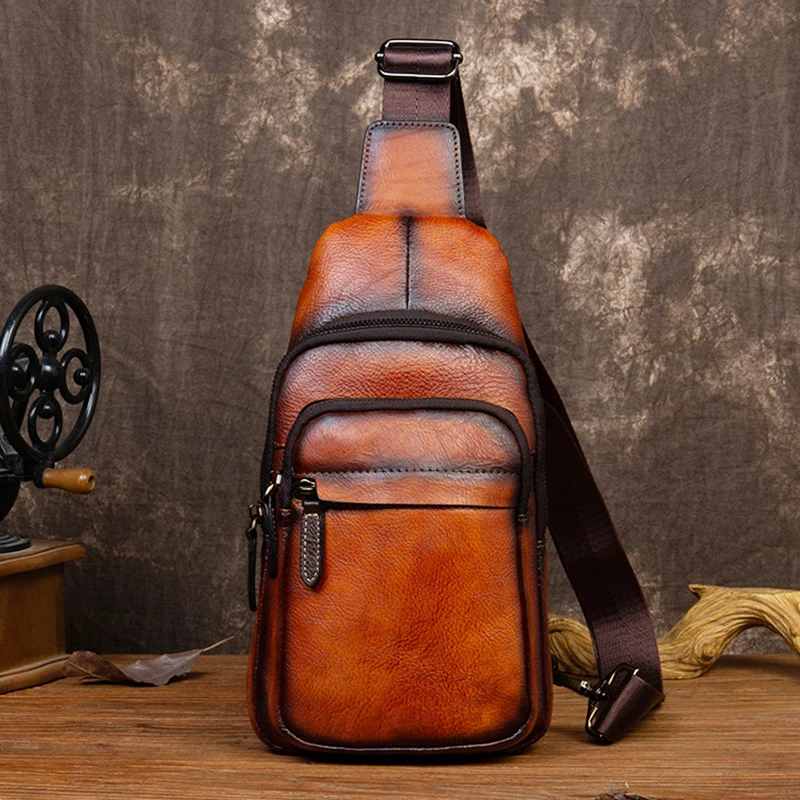 

Knapsack Messenger Male Genuine Backpack Retro Chest Retro Men Rucksack Real Pack Cowhide Travel Bag Sling Leather Shoulder