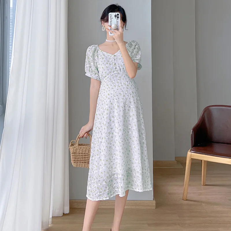 

2022 Summer Maternity Dress Gentle Style Sweet Temperament Floral Long Dress Lace Waist Pregnancy Dress Fashion All-match New