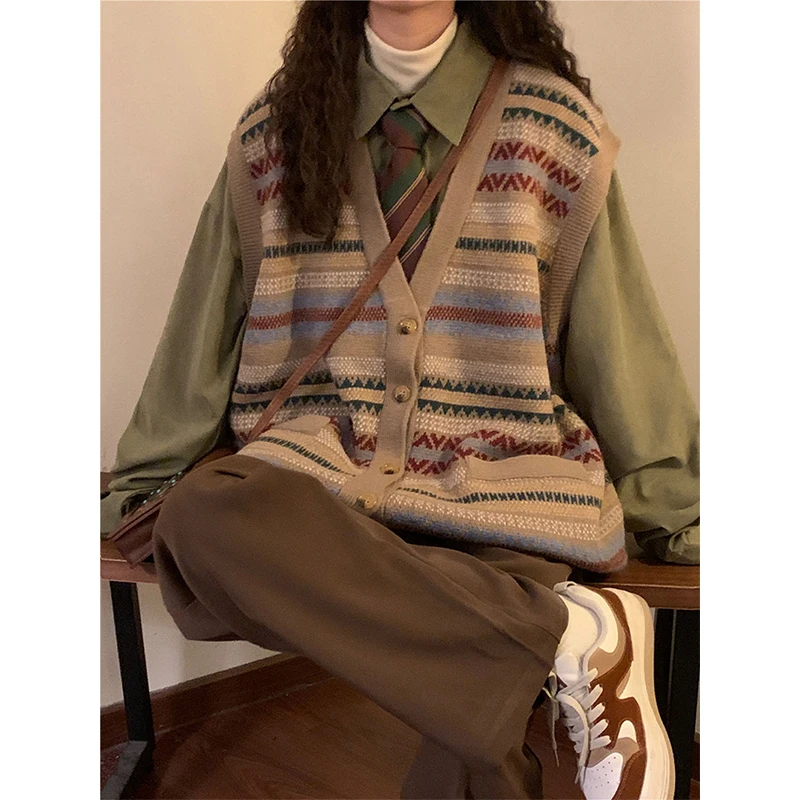 Женский винтажный свитер в полоску жилет стиле Харадзюку вязаный кардиган