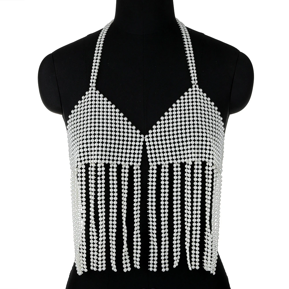 

Sexy Pearl Body Chain Women Adjustable Halter Tassel Bra Chain Fashion Sling Top Vest Chain Nightclub Body Jewelry Accessories