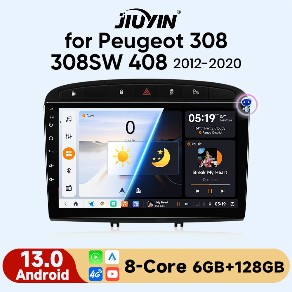 Автомобильный Мультимедийный Плеер JIUYIN Double Din Android 13 Для Peugeot 308 SW 408 2012-2020
