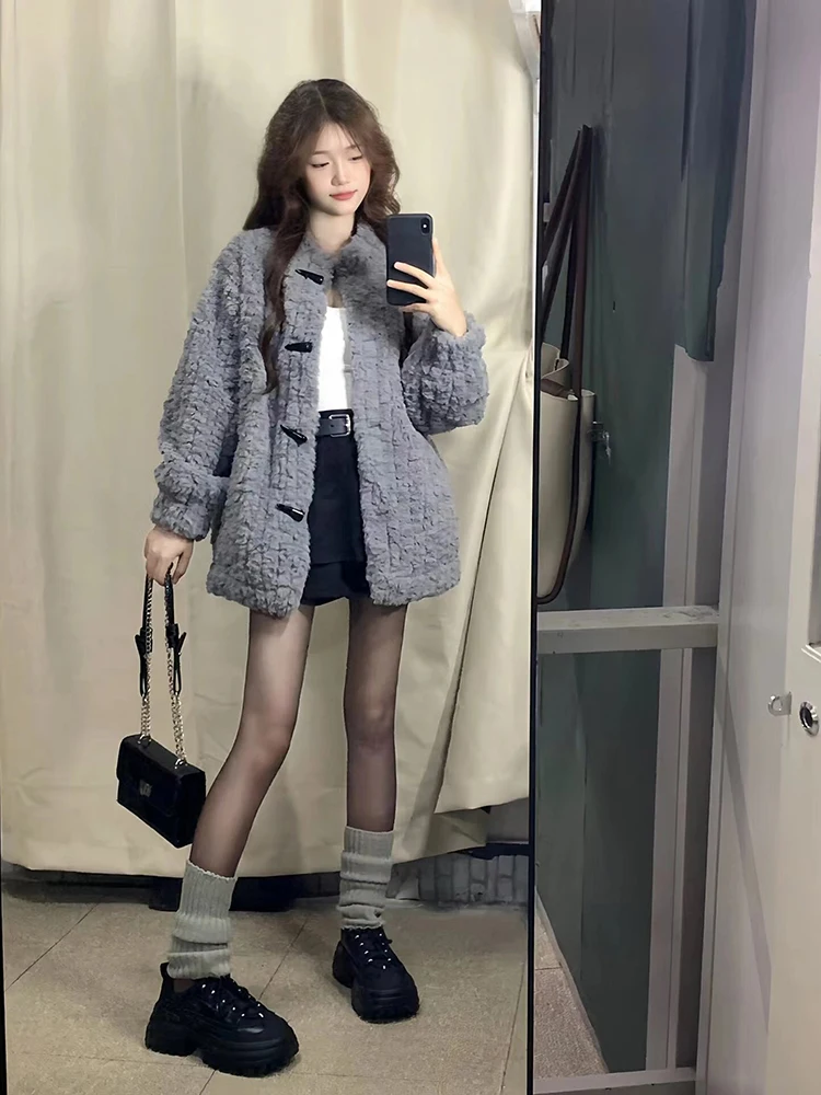 Маленькая серая верхняя одежда из овечьей шерсти American-Sle женский свободный