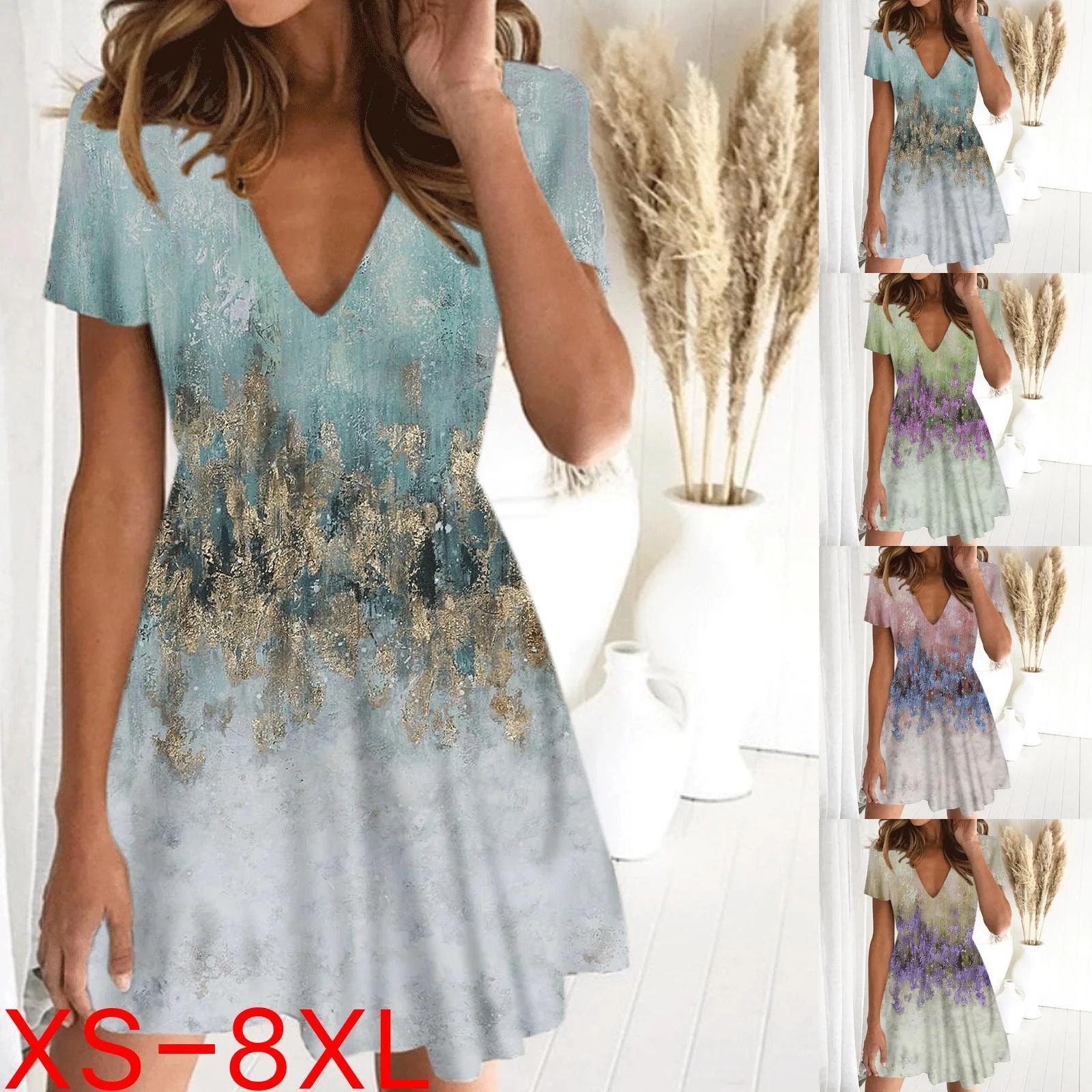 

Мини-платье женское летнее с V-образным вырезом и коротким рукавом