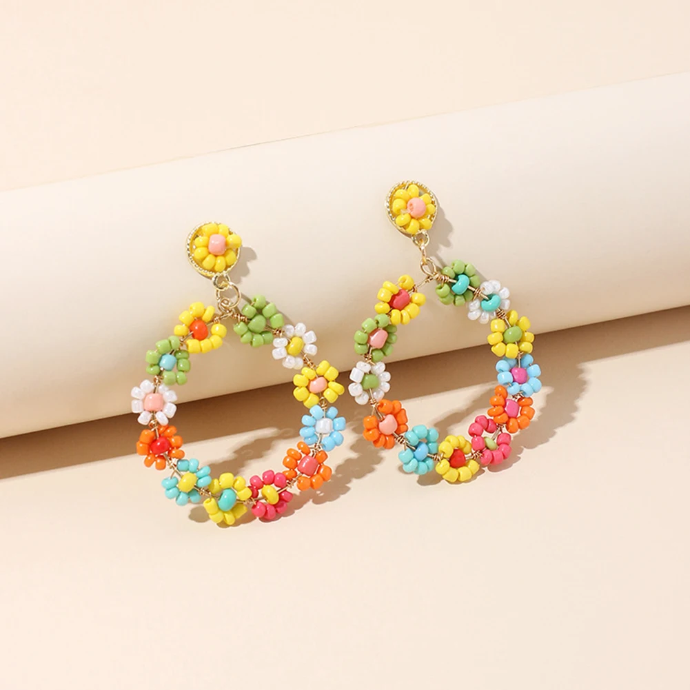 

Creative Geometric Round Stud Earrings Flower Rice Bead Stud Earrings Popular Accessories Individuality Hand Woven