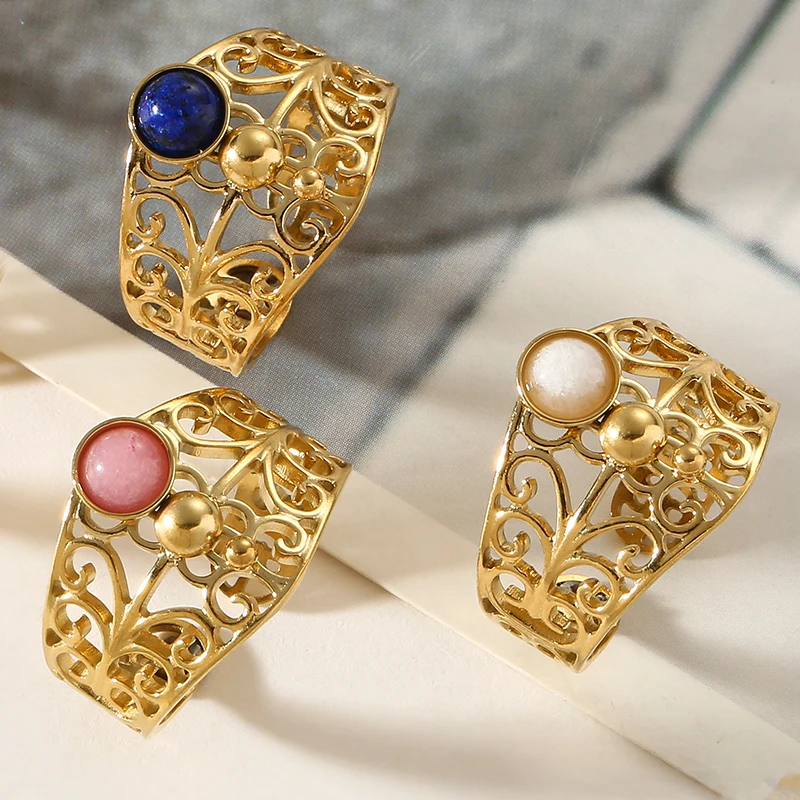 Женское кольцо из нержавеющей стали регулируемое с натуральным камнем