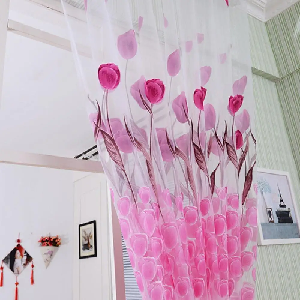 

Romantic Window Door Tulip Print Voile Sheer Curtain Drape Creative Floral Translucent Tulle Divider Valance Pink