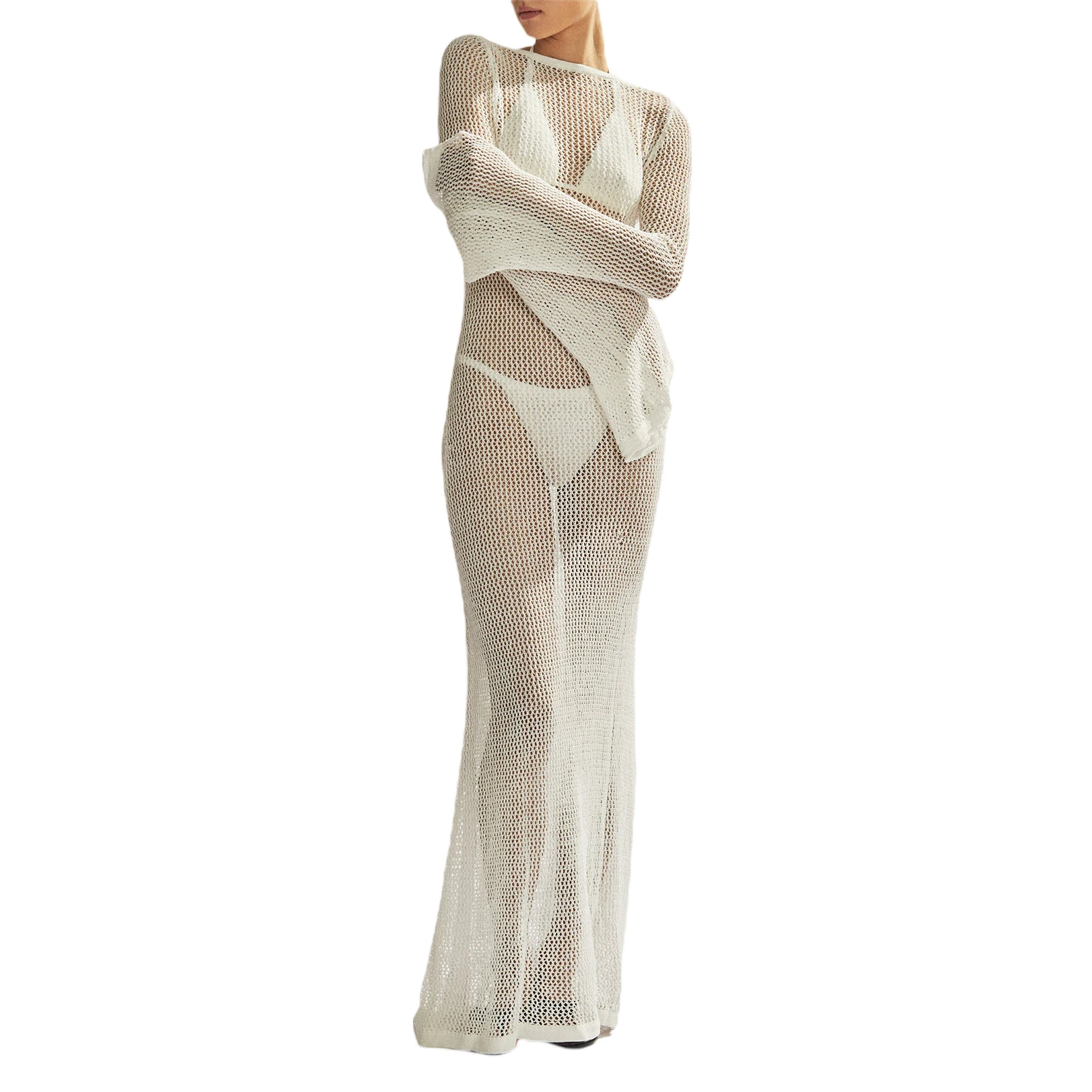 

2023 New Summer Holiday Fashion Hot Sale Women's Long Knit Beachwear Dress Solid Color Long Sleeve O Neck Hollow Out Cover Ups