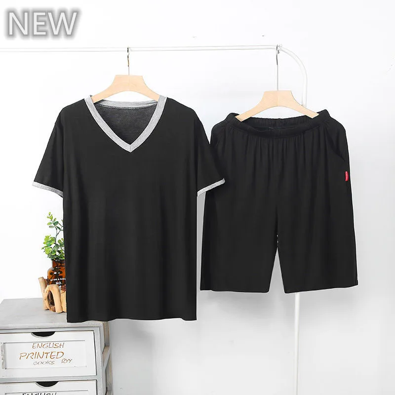 Summer Pajamas Set Casual/Sexy PJS For Men Black/Grey Elastic Shirt Shorts Men's Modal V/O Neck Fashion Clothes Man NEW Homewear