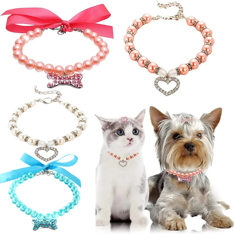 

Pet Accessories Heart Rhinestone Puppy Dog Cat Pearl Necklace Pet Accessories Love Diamond Pets Dogs Collar Jewelry