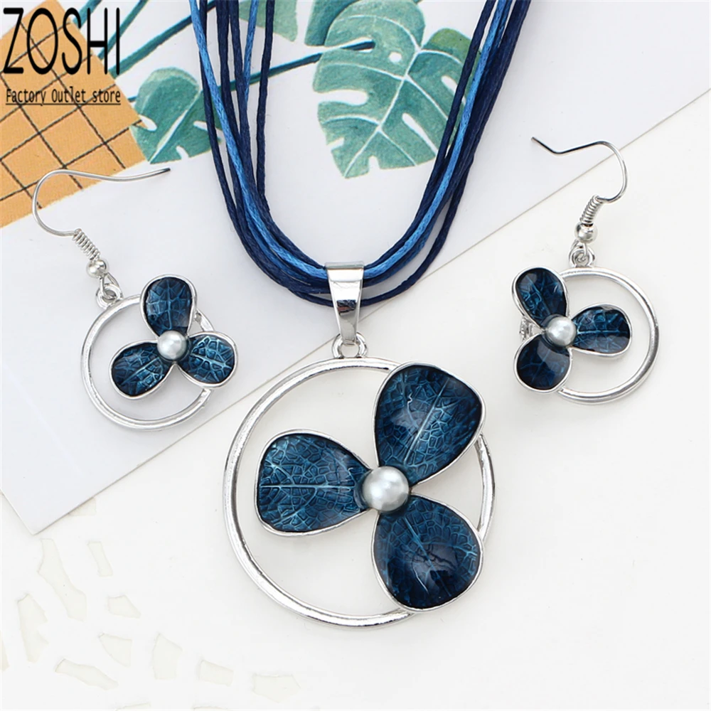 

Party Simulated Pearl Jewelry Set For Women Blue Leaf Dangle Earrings Wind Blade Pendant Necklace Silver Plated Retro Xmas Gift