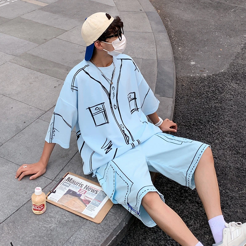 Summer 2pcs Men's Set Matching Shorts T-shirts Hand-painted Clothing O-Neck Short Sleeve Oversize Streetwear Creative Graffiti