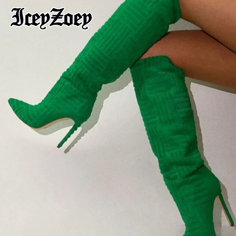 

IceyZoey Size 35-43 Long Boots High Heel Shoes Green Fashion 2022 New Arrival Knee Boots Stiletto Ins Stylish Women Footwear