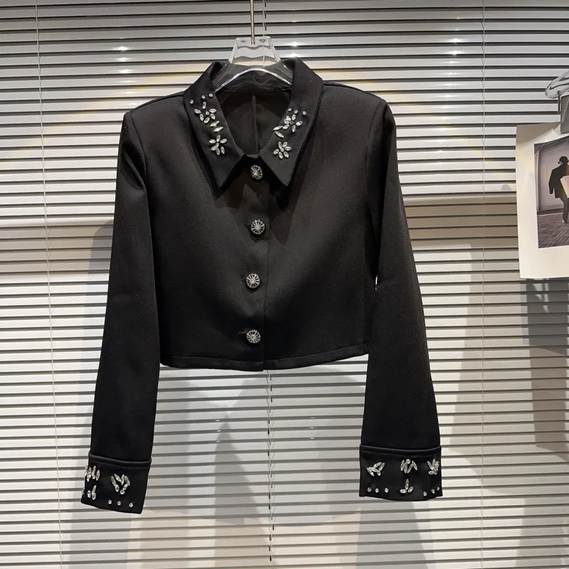 

BORVEMAYS Diamonds Lape Shirt Black Temperament Single-breasted Long Sleeve 2023 Autumn New Trend Blouses Women WZ3870