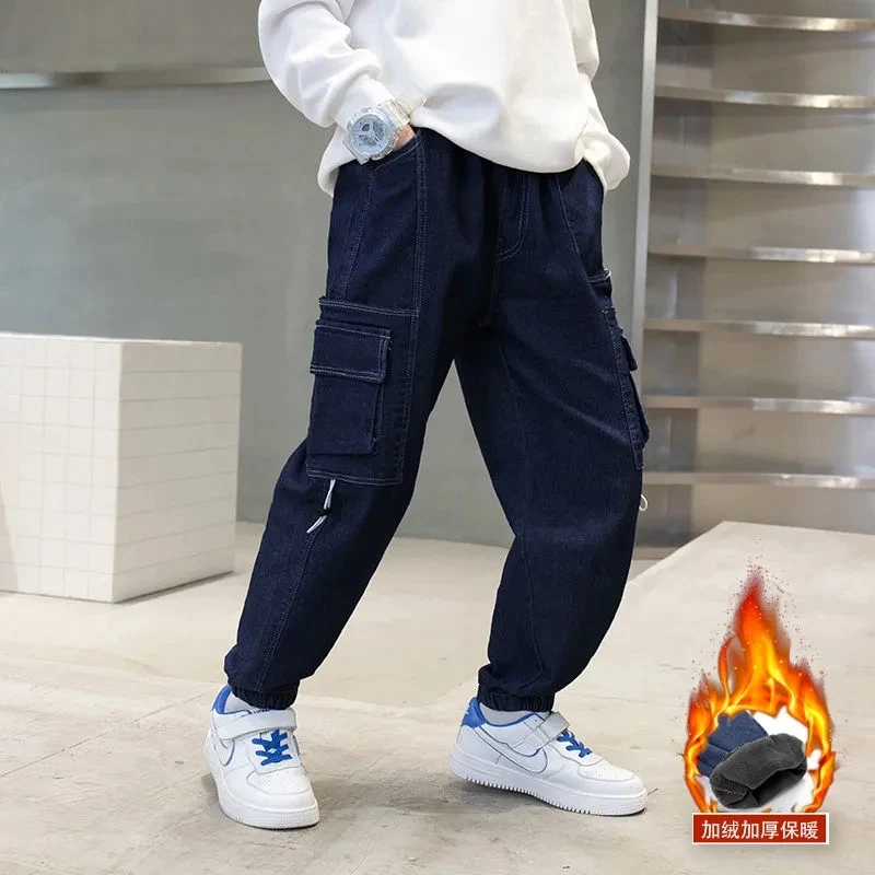 

Boys' jeans 2022 spring, autumn and winter new elastic plus velvet casual loose fashion pants 3-8-12T student men's casual pants