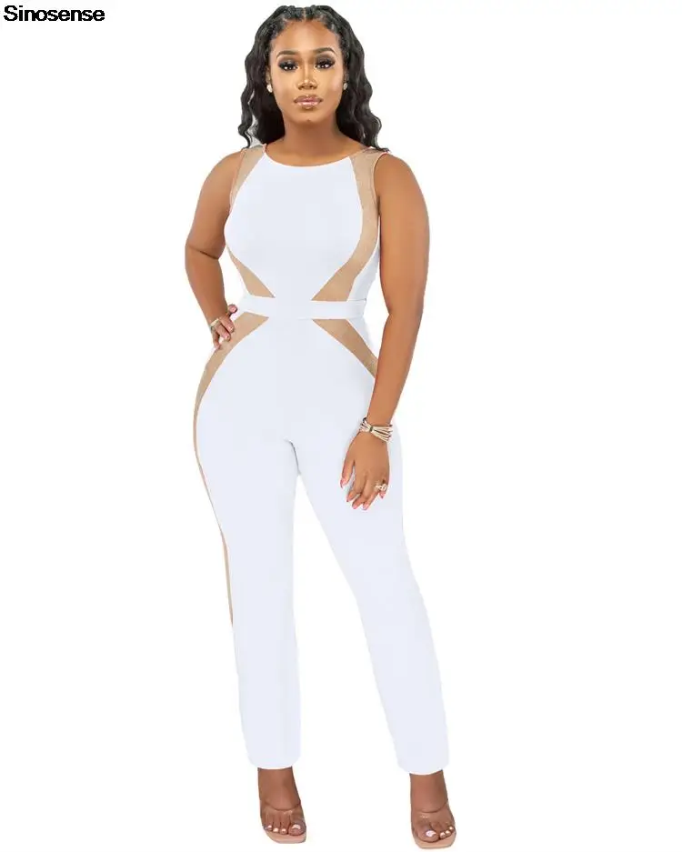

Sexy Sleeveless Zipper Bodycon Party Club Long Romper Jumpsuit Women Patchwork One Piece Outfits Casual Fitness Sports Jumpsuits