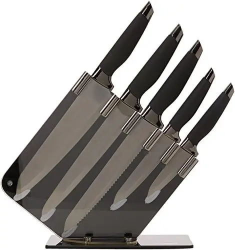 

Effect Kitchen Knife Set with Stainless Steel Blades and Acrylic Stand, 5 Piece, Mirror Black 5 Piece Butter holder Spreading kn