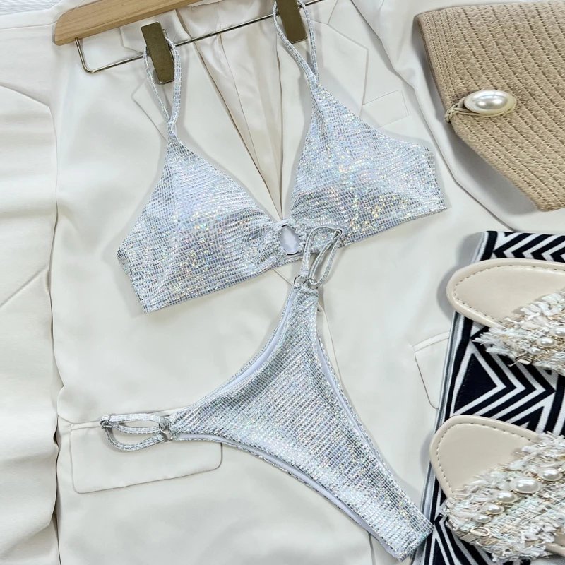 

Купальник с блестками для женщин, сексуальный треугольный купальник пуш-ап с открытой спиной, комплект бикини из 2 предметов, женский купальник с высокой талией, купальный костюм