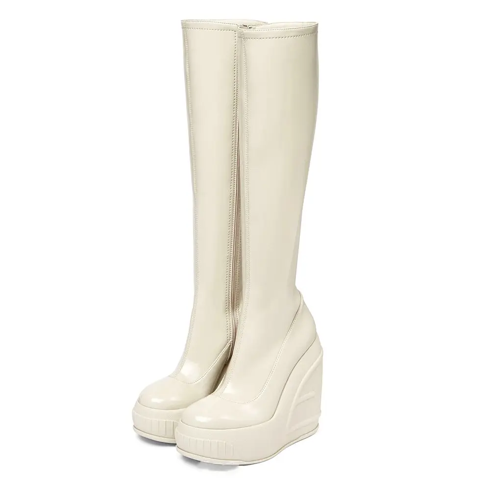 Women's Wedge Knee High Boots Round Toe High Heels Platform Thick Heel Side Zipper Patent Leather Fashion Party Elastic Boots