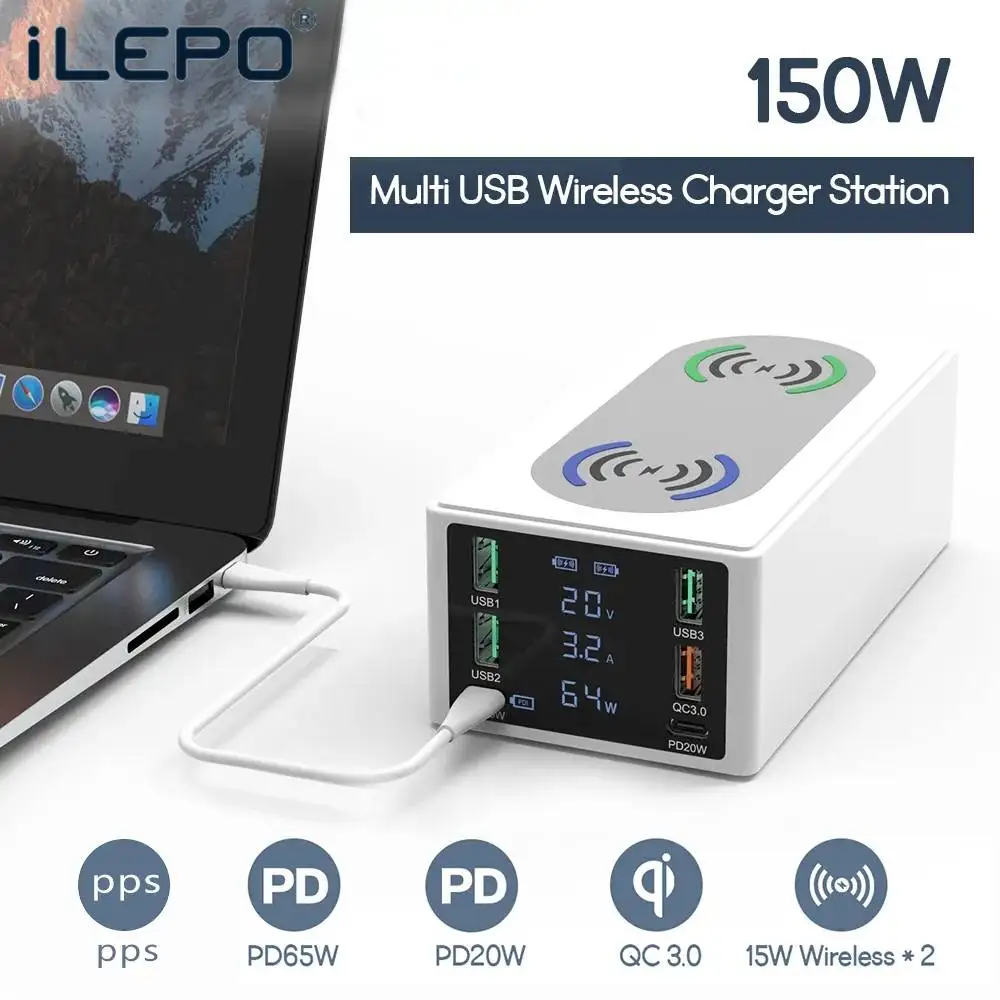 

150W Type C Usb multi charger Station Wireless Charger PD3.0 QC4.0 3.0 Fast Chargers For iPhone 14 13 Samsung Macbook Laptop