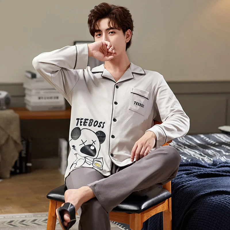 Pajamas Men's Autumn  Winter New Pure Color Leisure Knitting Cotton  Lapel Cardigan Home Suit Can Be Worn Out