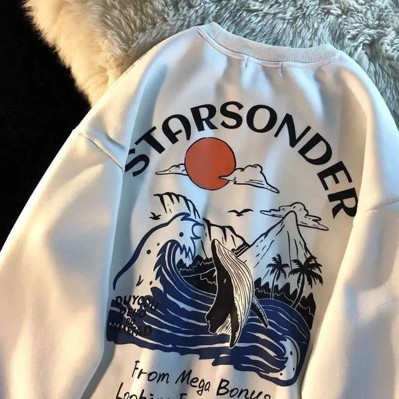 

Japanese retro printed round neck sweater men and women autumn and winter new trendy brand American top coat all match couple