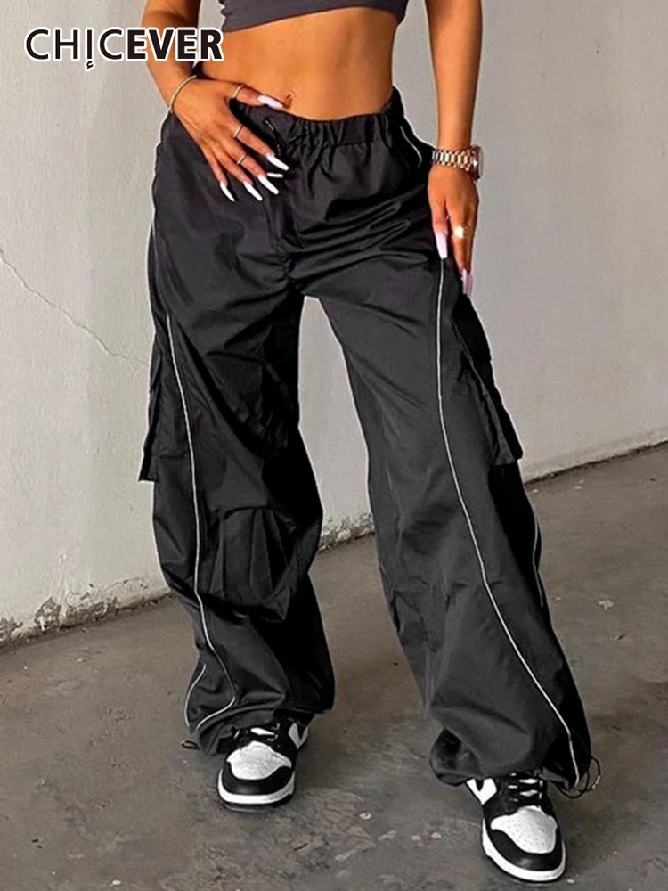 

CHICEVER Streetwear Spring Fashion Loose Pants For Women High Waist Patchwork Pockets Wide Leg Trousers Female New Style Clothes
