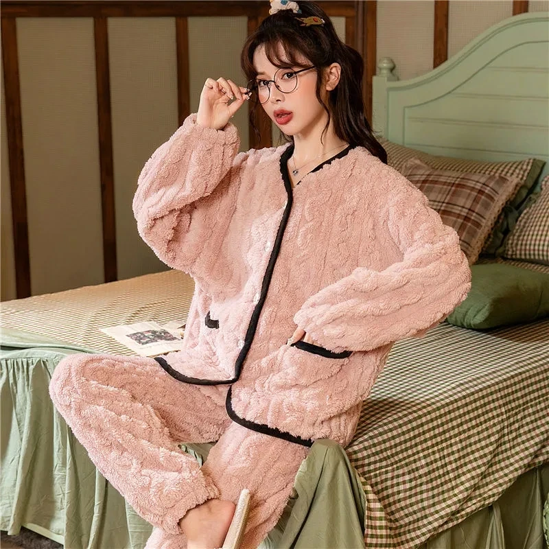 Autumn Women Pajamas Sets Winter Warm Flannel Women Pyjamas Sets Thick Long Sleeve Cartoon Sleepwear Pajamas Set