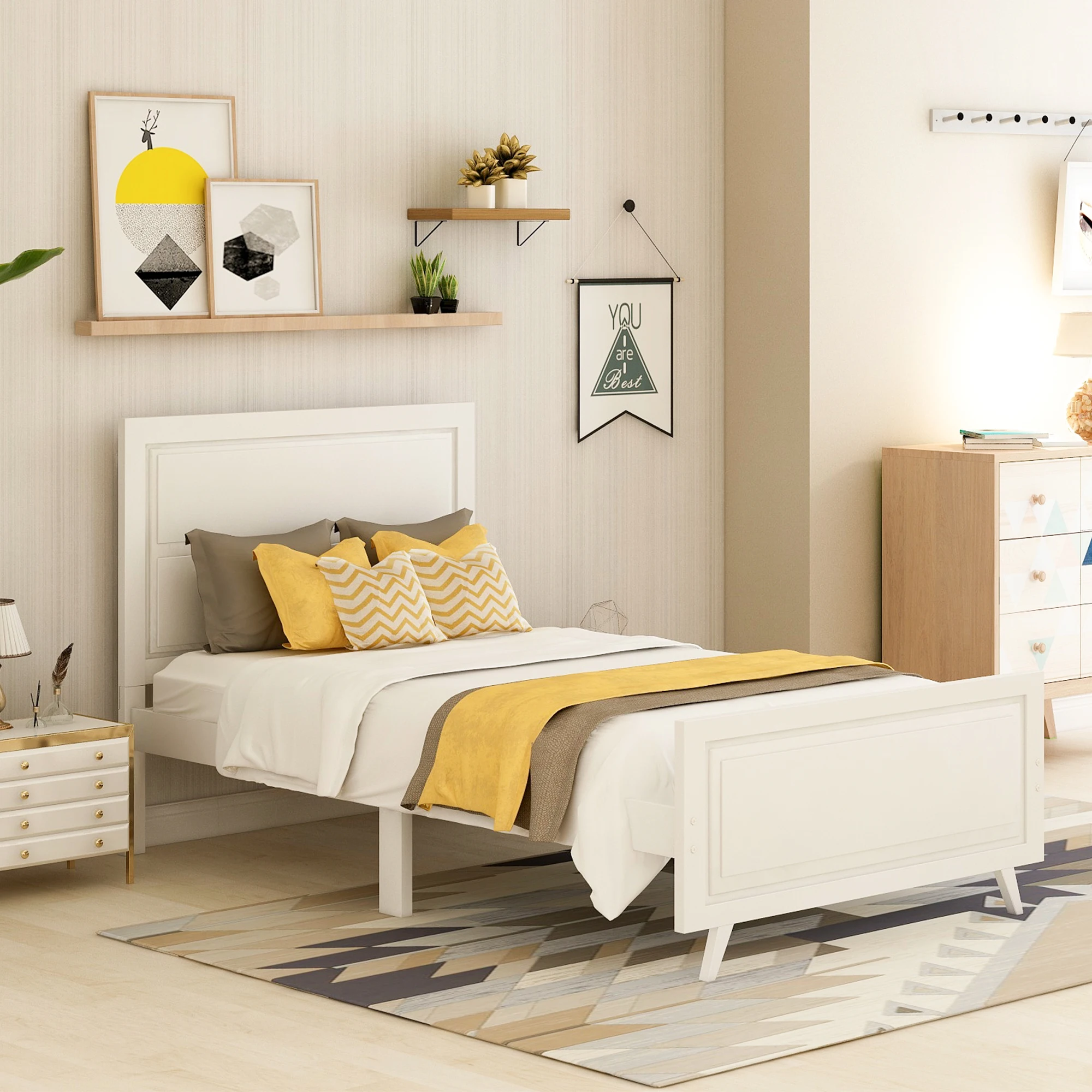 

Кровать с деревянной платформой, двойная кровать, рама, матрас, основание с изголовьем и поддержка деревянных планок (белый)