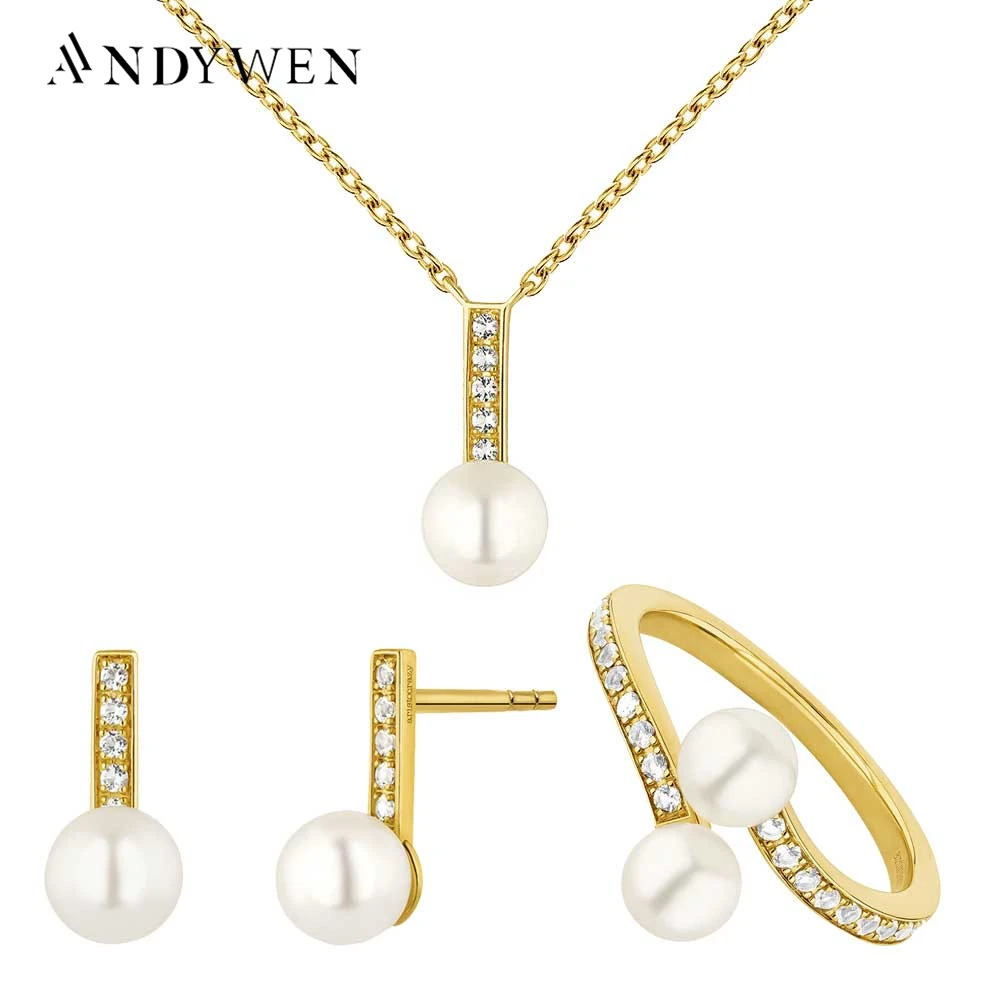 ANDYWEN-pendientes de plata de ley 925 con perla Natural auténtica para mujer, joyería clásica de cristal, joyería de boda, 5mm