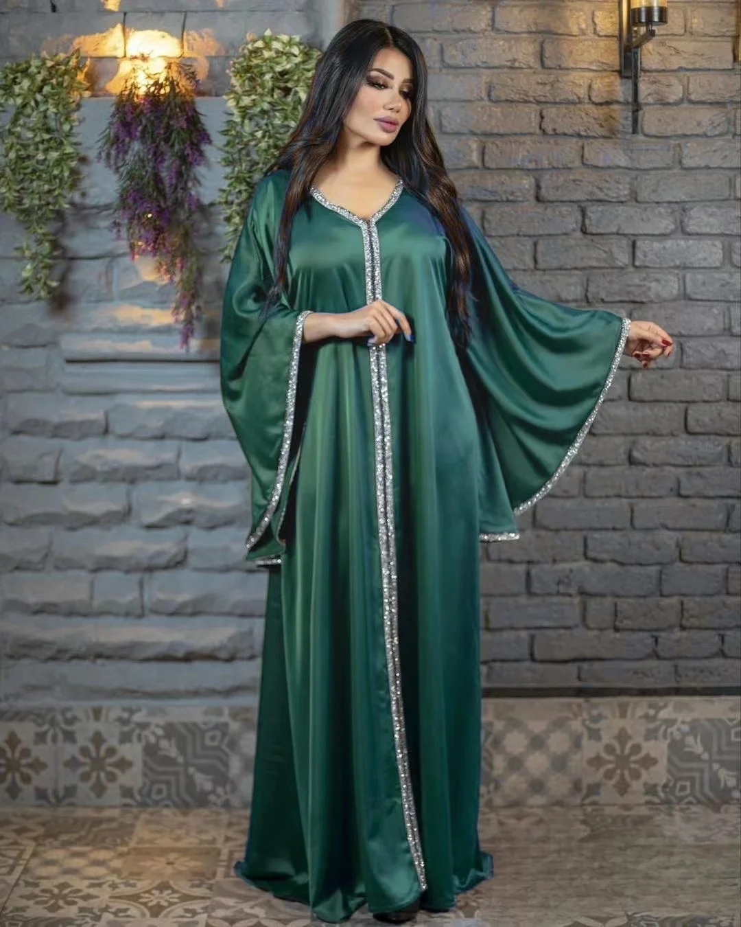 

Abaya For Women Muslin Turkey Dubai V-neck Women Robe Hot Diamond Women's Abaya Robe Loose Morocco Caftan Kaftan Women Clothing
