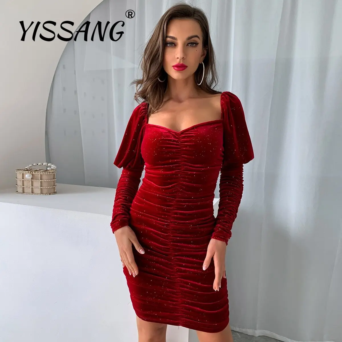 

Платье с открытой спиной и оборками на бедрах Yissang, элегантное платье для выпускного вечера с длинным рукавом, платье для рождественской веч...