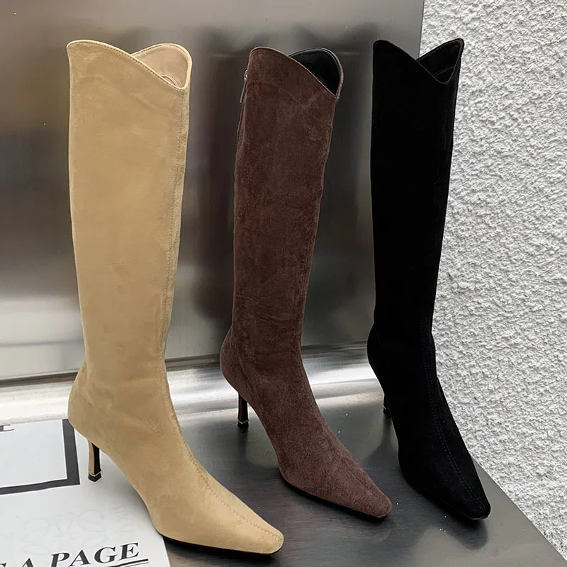 

New 2023 Fashion Flock Ladies Knee High Boots Autumn Spring Pointed Toe Modern Women Chelsea Boots Zippers Female Heel Shoes