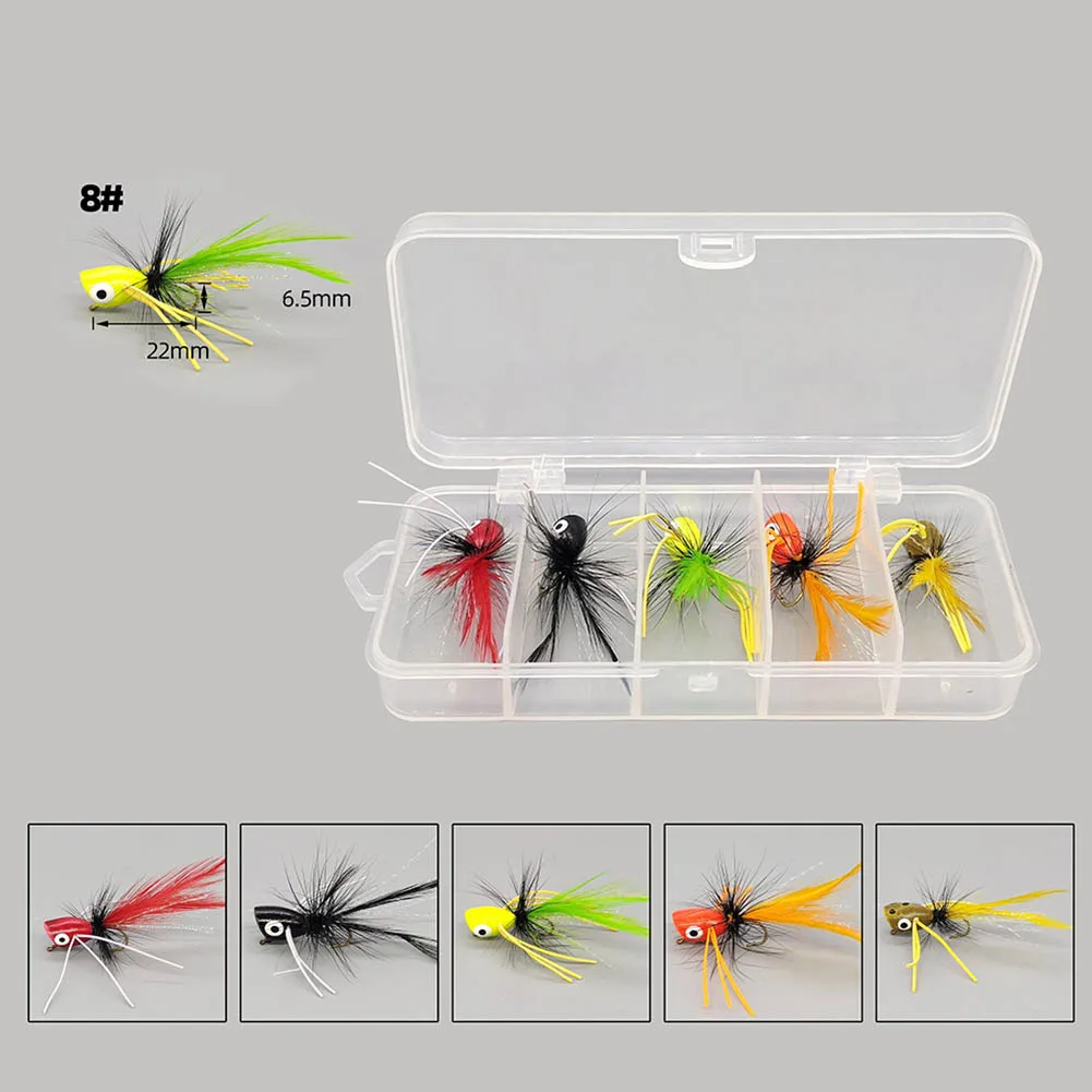 

5pcs Dry Fly Fishing Poppers Lure With 5 Grids Fishing Tackle Box Foam Float Fly Hook Topwater Floating Bait Bionic Silicone Eye