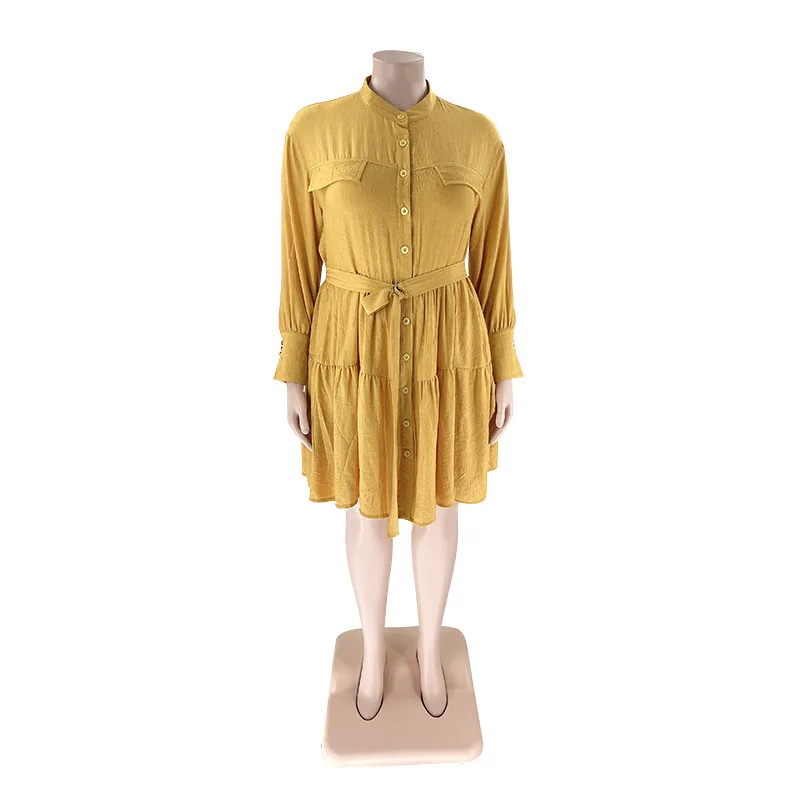 Plus Size Dress Solid O-Neck Blelt  Women's Shirt Long Sleeve Pleated Dress Office Lady for Vestidos Plus Size Women Clothing