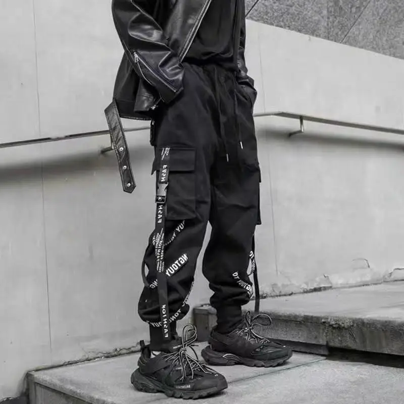 Classic Streetwear Hip Hop Joggers Men Letter Ribbons Cargo Pants Pockets Track Tactical Casual Male Trousers Sweatpant KZ99 images - 6