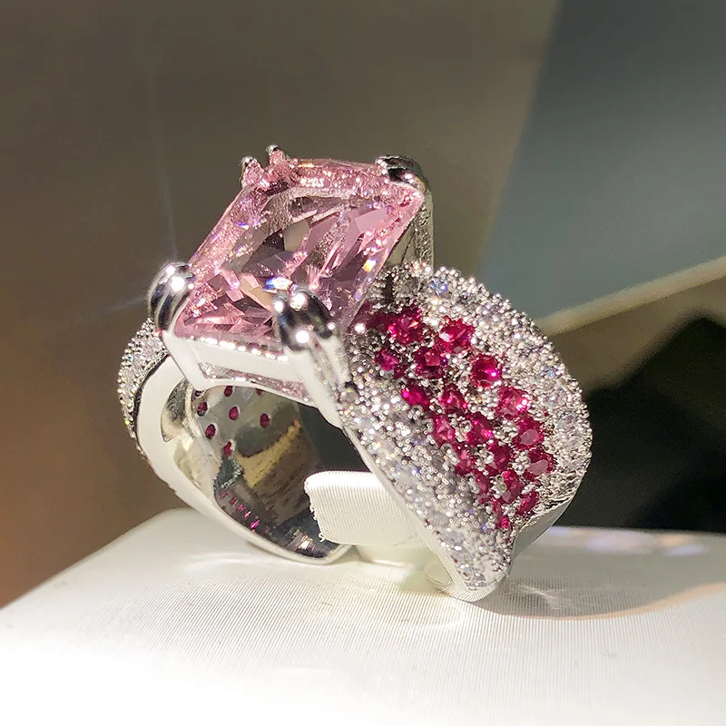 

925 silver high-definition pink diamond ring female personality opening pink four-claw gemstone ring female party birthday gift