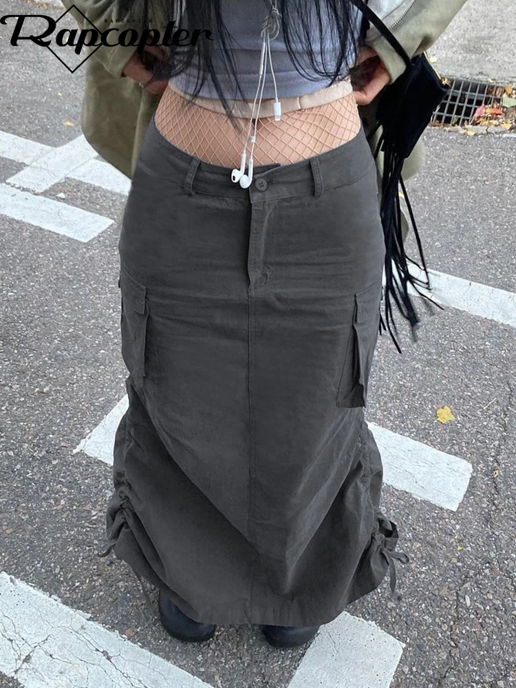 

Rapcopter Grey Pockets Midi Skirts Grunge y2k Ruched Drawstring Split Long Skirts Women Low Waisted Korean Prepply Skirts Retro