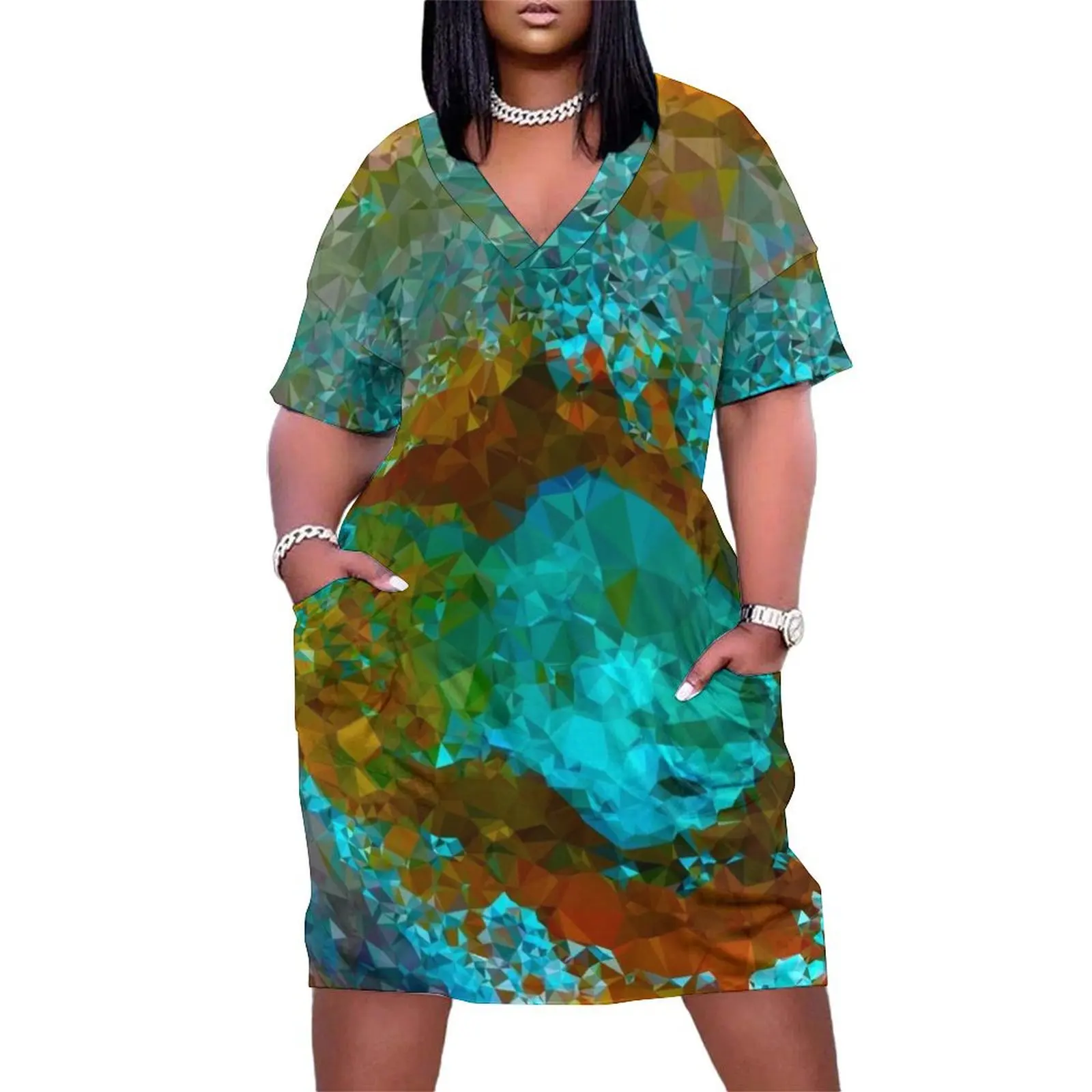 Медь Verdigris Low Poly Geometric Triangle Art Свободное платье с карманами Вечерние платья одежда