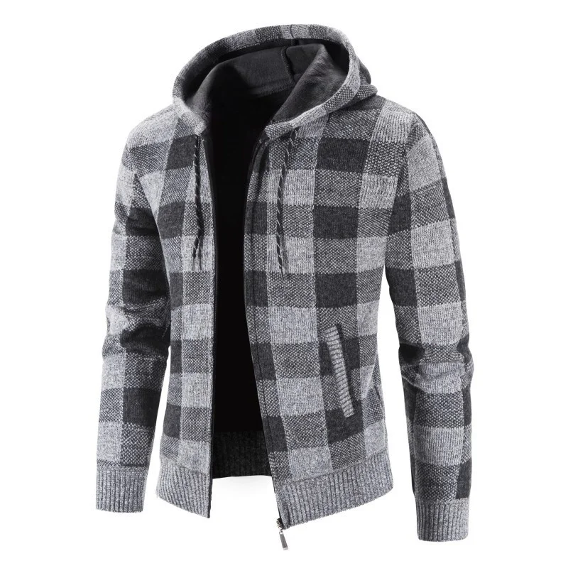 

winter Plush thickened New plaid sweater men's hooded cardigan coat wholesale