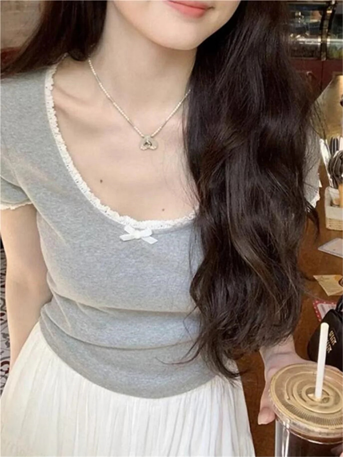 Женский кружевной топ с коротким рукавом Белый Кружевной укороченный круглым