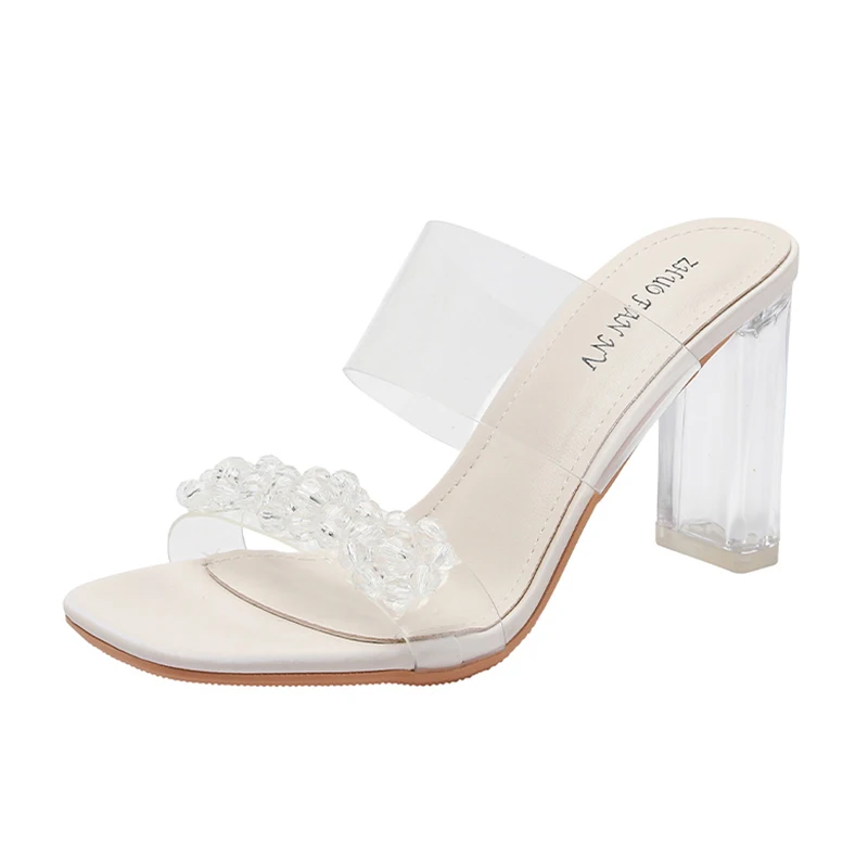 ZOOKERLIN PVC Transparent Crystal Rhinestone Buckle Women's Slippers Summer Square Toe Ladies Strange High Heels Sandals Shoes