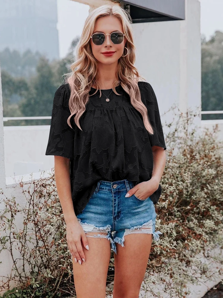Chiffon Blouse Women New Summer Hollow Out Loose Shirt Tops Casual Short Sleeve Floral Printed Crew Neck Ruched 2022 |