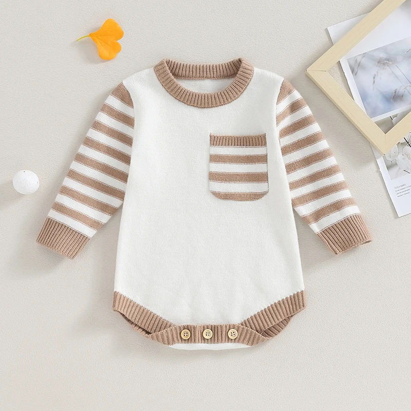 

Осенне-зимний свитер, комбинезон, вязаная одежда для маленьких мальчиков и девочек, теплый полосатый комбинезон с длинным рукавом, Одежда для новорожденных 0-18 месяцев